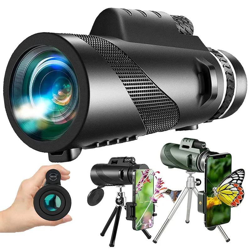 Portable Outdoor Monocular Telescope, 80x100 Large Aperture Phone Camera Telescope
