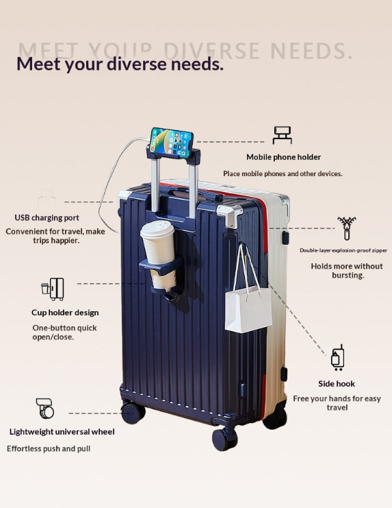 24 inch Stylish color-blocked large carry-on suitcase a travel essential! With a hidden cup holder and multiple compartments, this suitcase has perfected every detail.