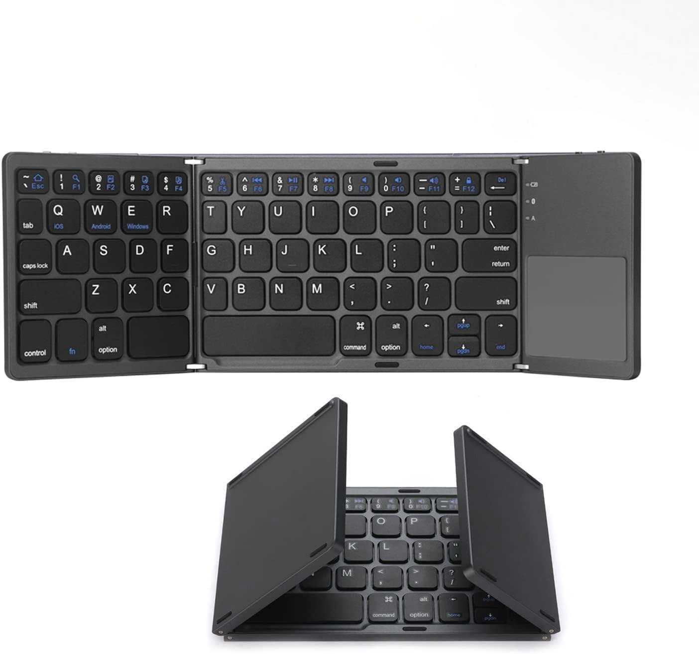 Tri-fold ultra-thin wireless Bluetooth keyboard for iPad, portable for business and office use, with touchpad.