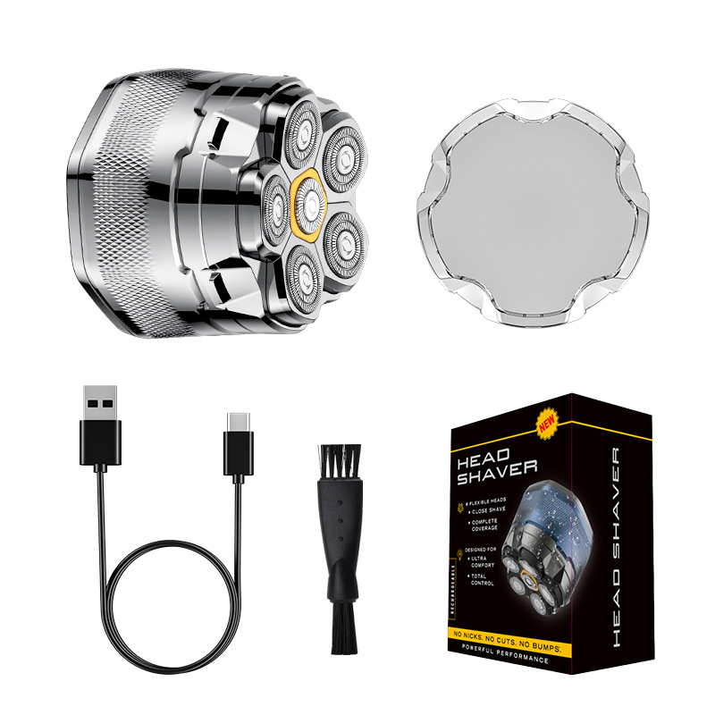 Magnetic suction rotating six-blade head bald head shaver, fully washable, Type-C interface.