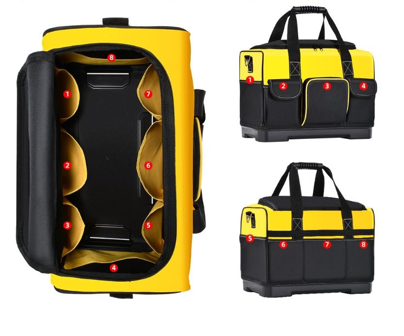 Hardware tool kit - Stores various tools in a durable and wear-resistant plastic bottom hand-held tool bag.