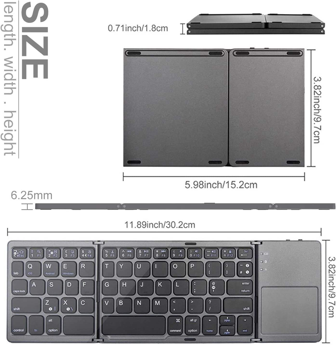 Tri-fold ultra-thin wireless Bluetooth keyboard for iPad, portable for business and office use, with touchpad.