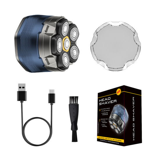 Magnetic suction rotating six-blade head bald head shaver, fully washable, Type-C interface.