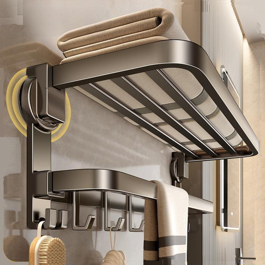 No-Drill Bathroom Storage Shelf — Foldable Wall-Mounted Towel Rack with Hooks and Shower Caddy (Adhesive Installation)