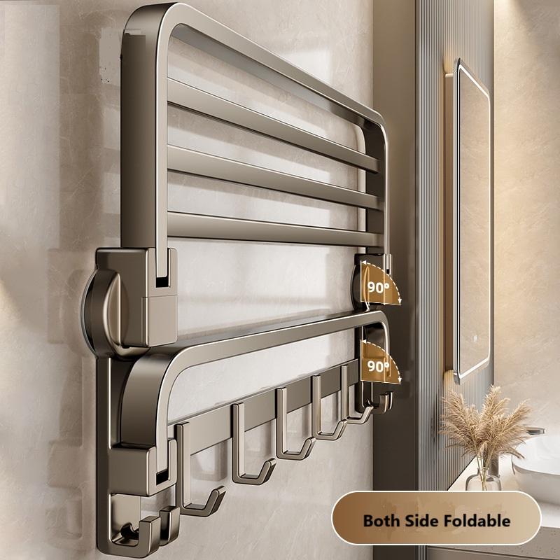 No-Drill Bathroom Storage Shelf — Foldable Wall-Mounted Towel Rack with Hooks and Shower Caddy (Adhesive Installation)