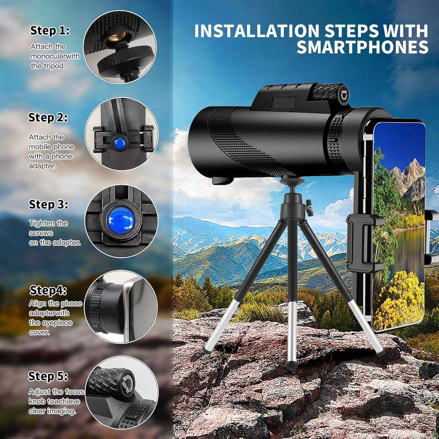 Portable Outdoor Monocular Telescope, 80x100 Large Aperture Phone Camera Telescope