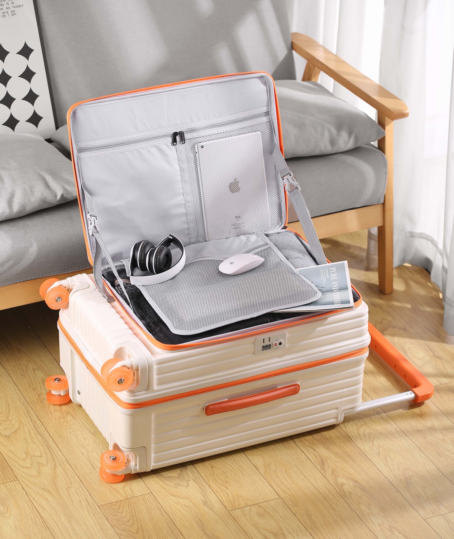 20-inch side-opening large-capacity new design trolley suitcase with jelly wheels.