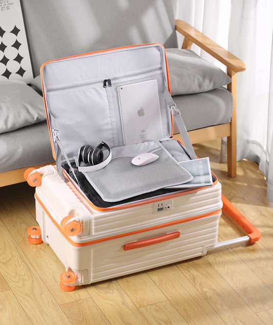 20-inch side-opening large-capacity new design trolley suitcase with jelly wheels.