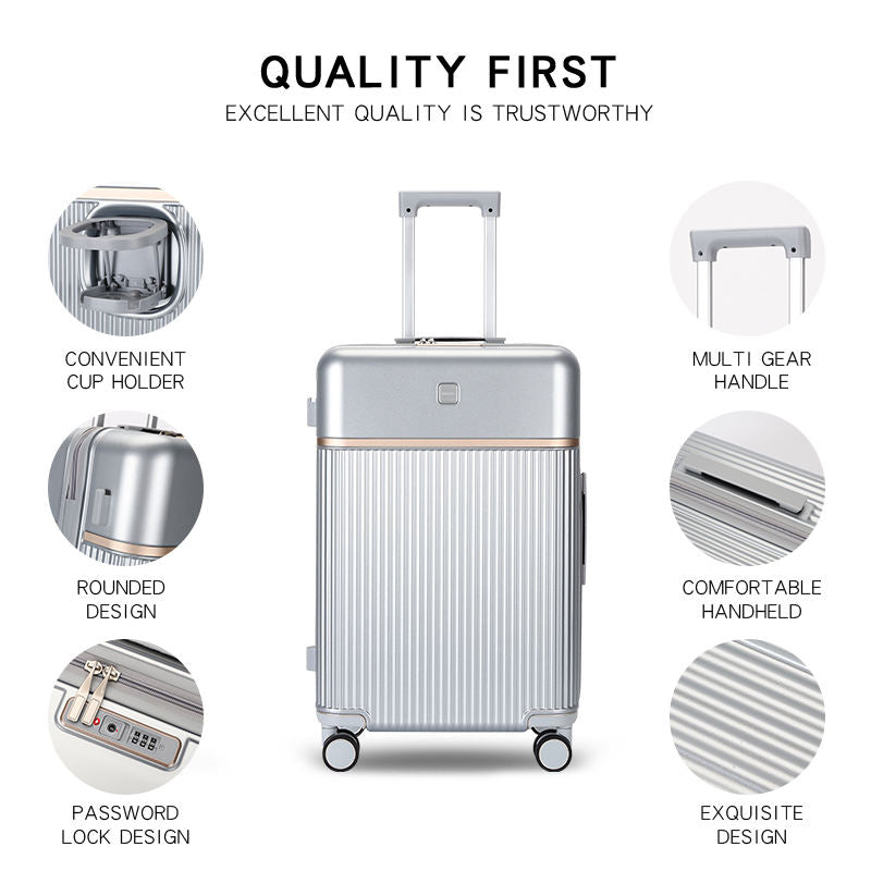 24" ABS Leisure Travel Rolling Luggage - Cup Holder Design, Spacious Zippered Carry-On Bag