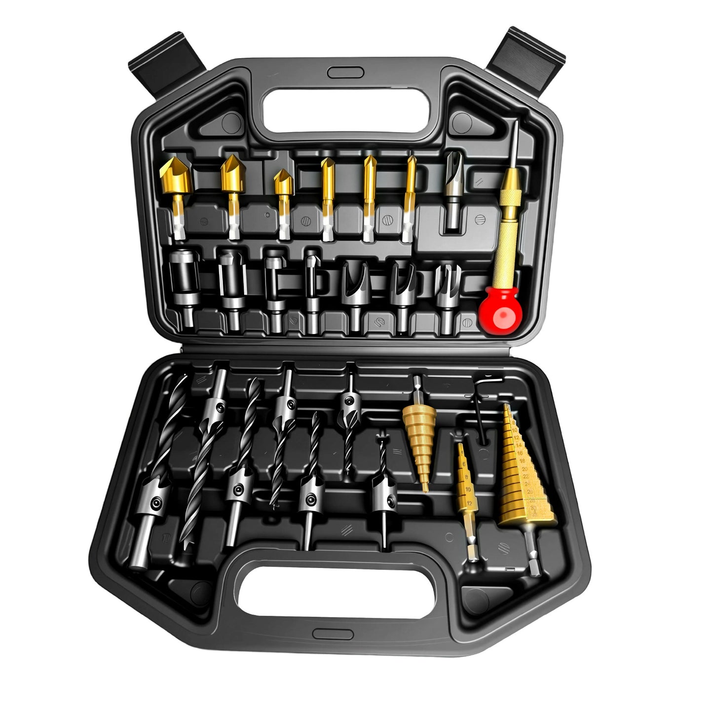 Multi-purpose Wood Drill Set, Plug Drill, Step Drill & Chamfer Tool with Punches and Wrench
