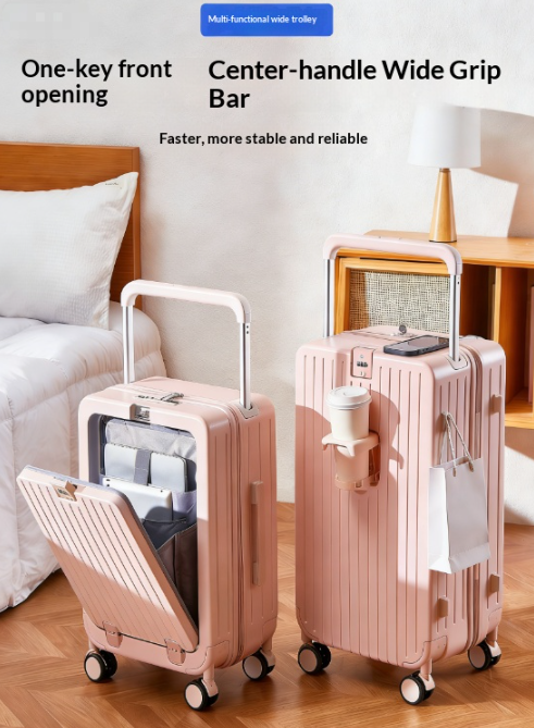 24-inch wide rolling suitcase! One-touch front opening + charging port + dual U-shaped compartments, silent universal wheels for worry-free travel.