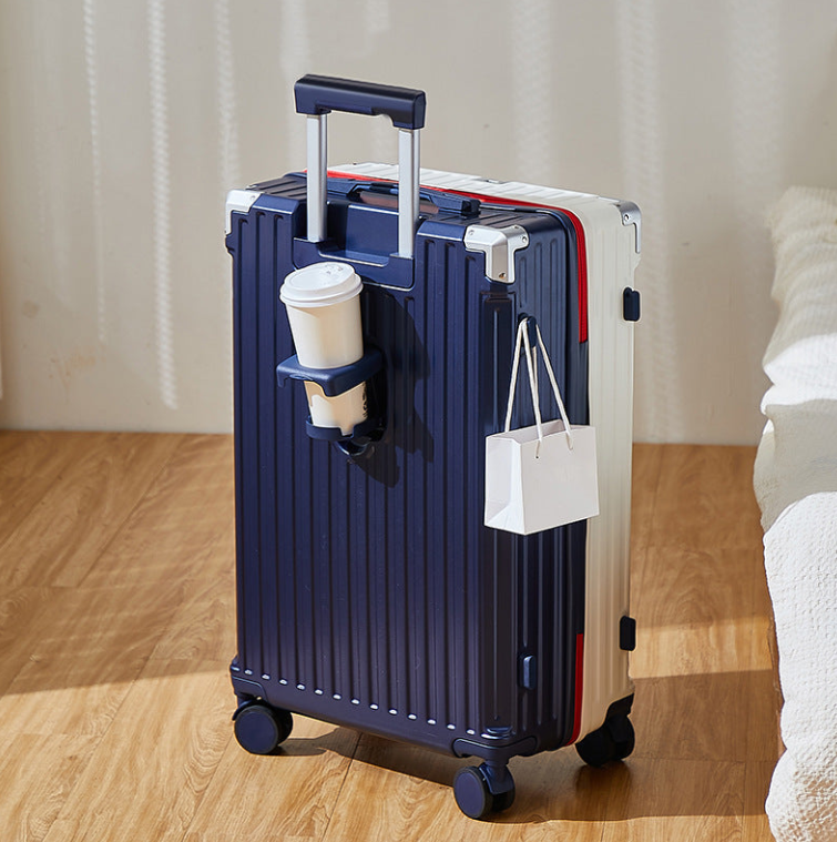24 inch Stylish color-blocked large carry-on suitcase a travel essential! With a hidden cup holder and multiple compartments, this suitcase has perfected every detail.