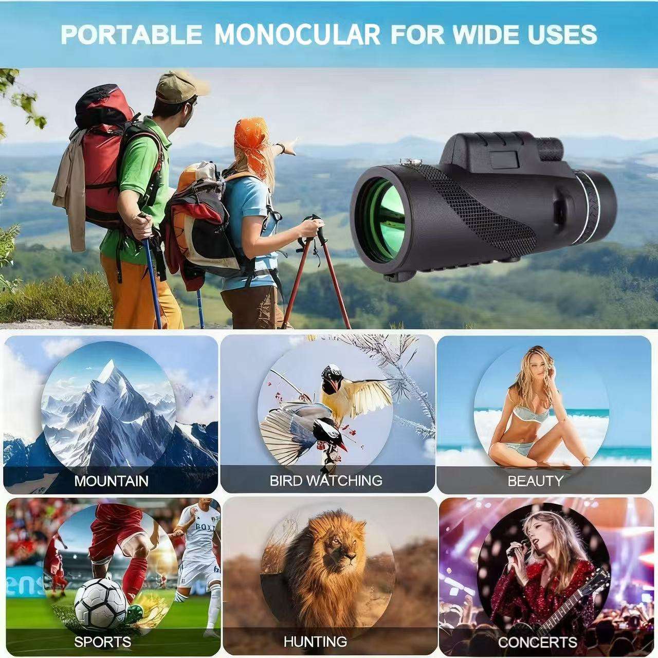 Portable Outdoor Monocular Telescope, 80x100 Large Aperture Phone Camera Telescope